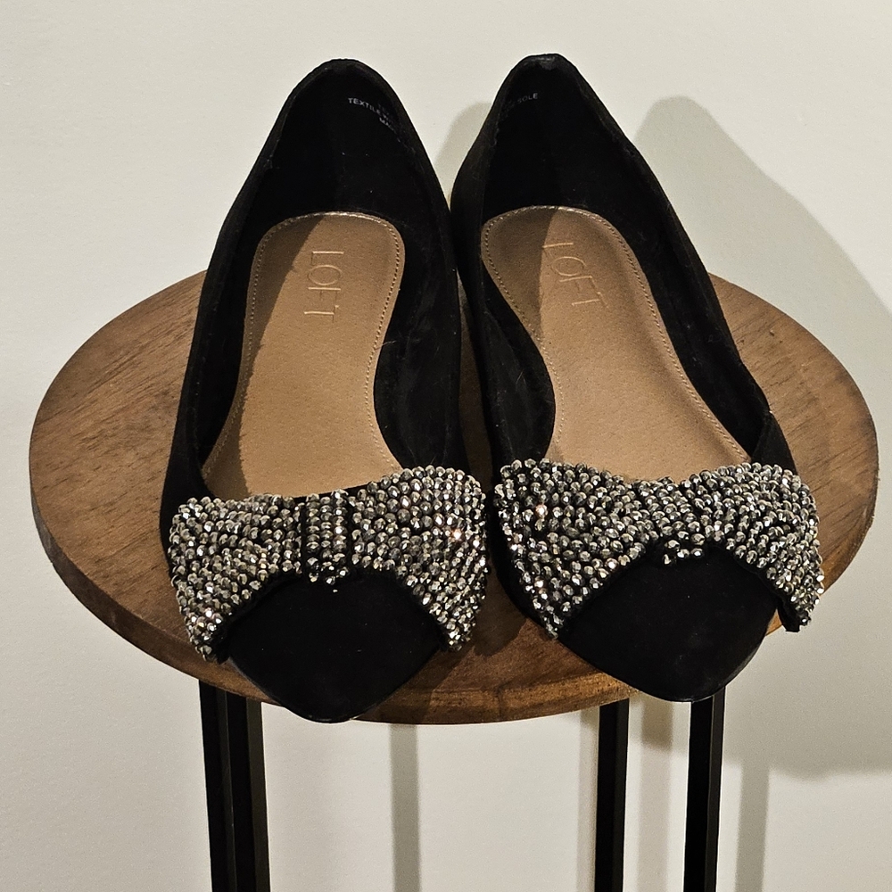 Pointed-Toe Flats with Rhinestone Bow